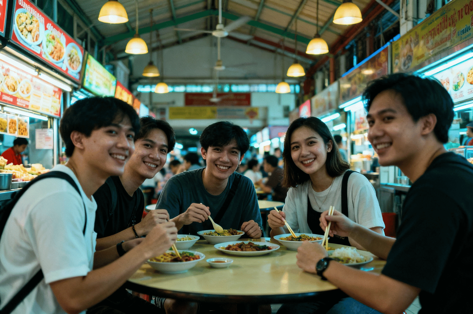 Group of young friends sharing a meal around a circular table at Maxwell Food Center, surrounded by colorful food stall signage and the lively buzz of Singapore’s hawker culture—capturing the joy of communal dining and culinary exploration.