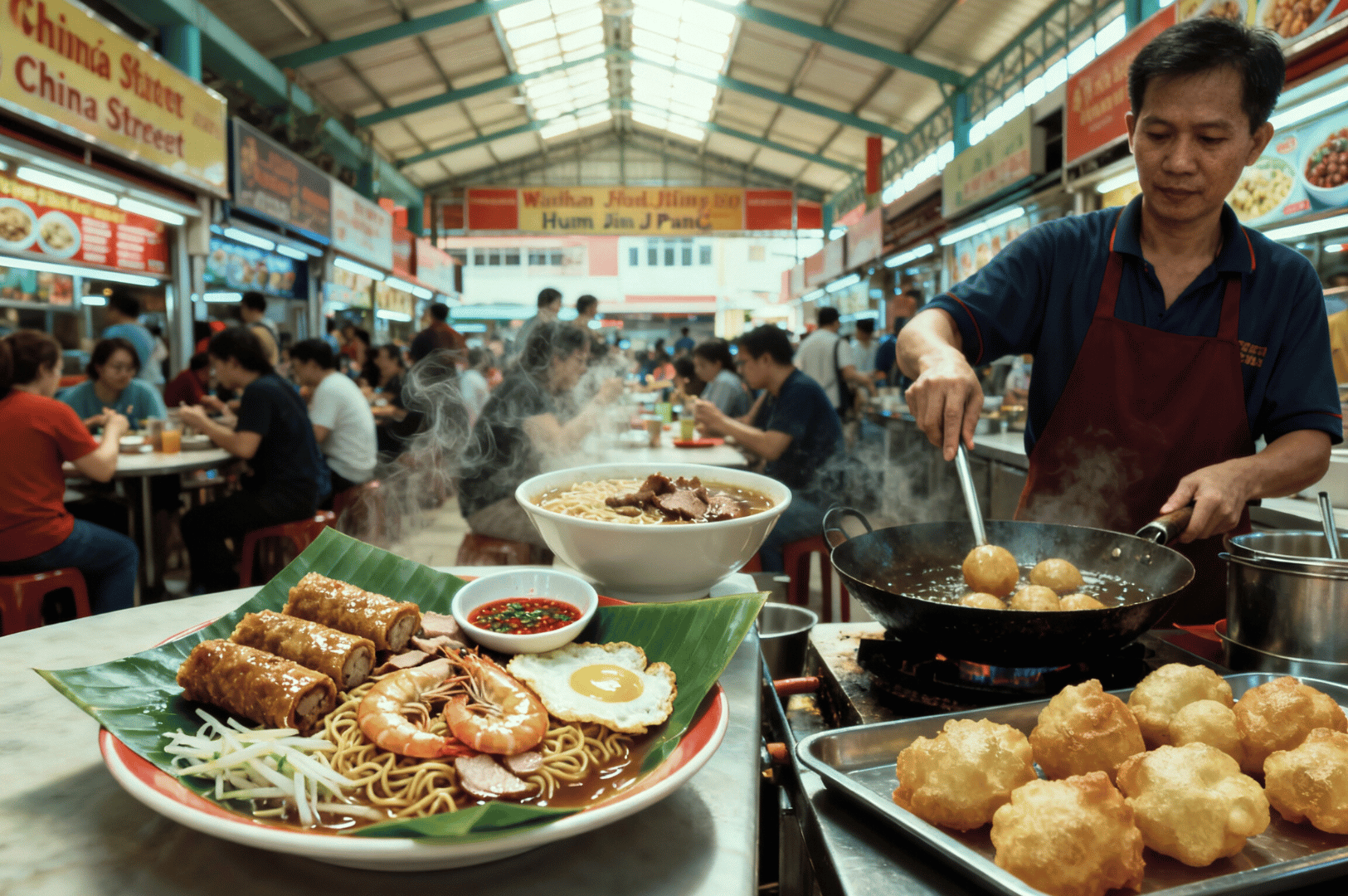 Vibrant hawker scene at Maxwell Food Center featuring sizzling wok action, steam rising from freshly fried dishes, and a foreground spread of noodles with shrimp, soup, spring rolls, and dipping sauces—capturing the sensory overload and culinary diversity of Singapore’s street food haven.