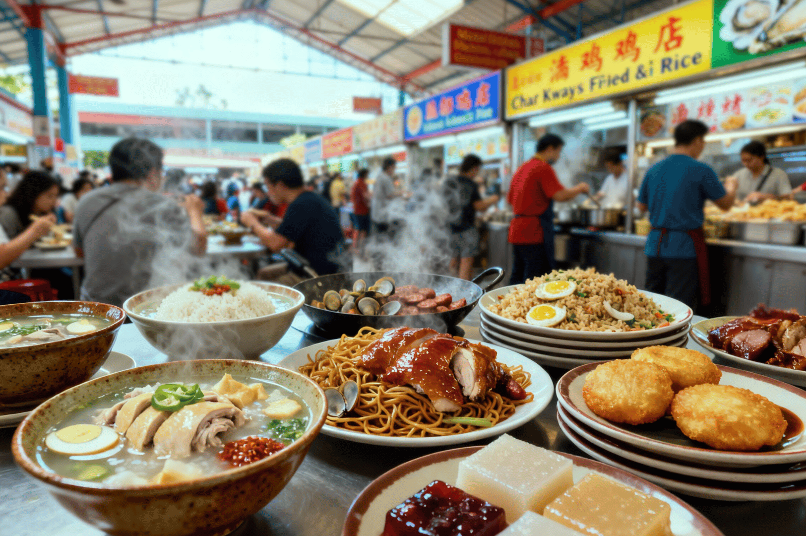 Steaming bowls of noodle soup, roasted meats, fried rice, and vibrant Southeast Asian desserts spread across a hawker center table—set against the lively backdrop of diners and sizzling food stalls like 'Char Kway’s Fried & Rice,' capturing the abundance and diversity of Singapore’s street food culture.