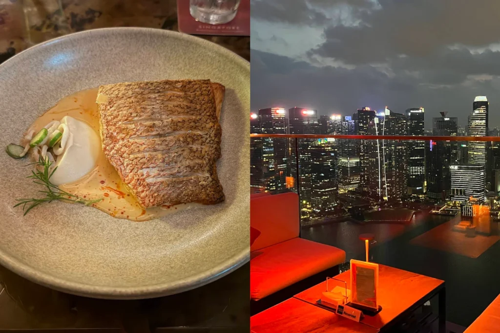 A lifestyle composite focusing on texture and city views. The left side features a top-down view of a piece of pan-seared fish with perfectly crisped, golden skin, served in a shallow bowl with a creamy orange sauce and a sprig of rosemary. The right side is a night-time shot of an outdoor rooftop terrace with red-lit tables and a "Reserved" sign, set against the backdrop of the illuminated skyscrapers of Singapore’s Central Business District.