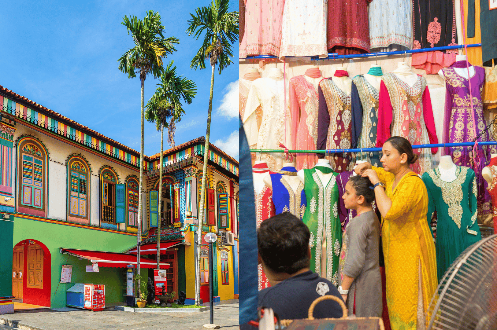 Split image showcasing Singapore’s Little India: on the left, a vividly painted heritage shophouse framed by palm trees and blue skies; on the right, the interior of a traditional clothing store where a woman styles a young girl’s hair amid vibrant sarees and salwar kameez. This pairing highlights the district’s rich blend of architectural charm and personal, community-rooted shopping experiences beyond Orchard Road.