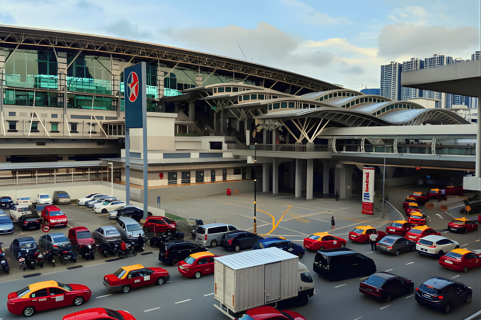Taxi queue outside a modern Johor Bahru transport hub with curved architecture and glass façade—highlighting the city’s urban connectivity and arrival points for cultural day-trippers.
