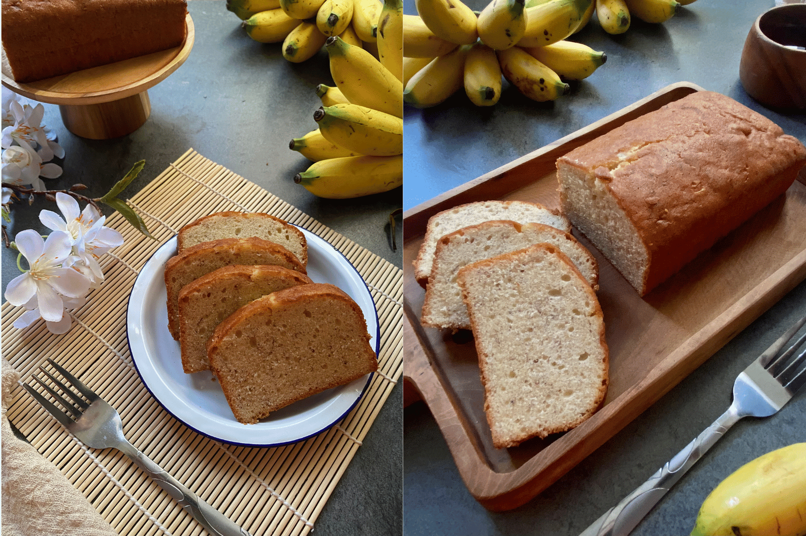 Side-by-side banana bread servings with ripe bananas and rustic props—celebrating Johor Bahru’s home-style culinary charm beyond its shopping scene.