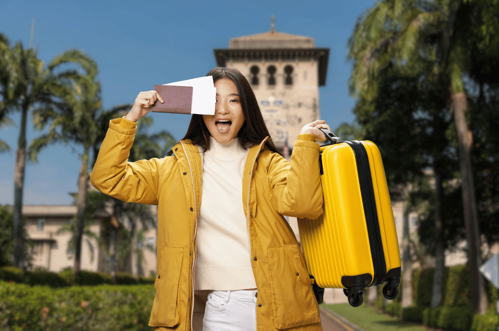 Traveler in yellow jacket holding a suitcase and passport outside a grand Johor Bahru landmark—capturing the excitement of cultural exploration on a day trip beyond shopping.