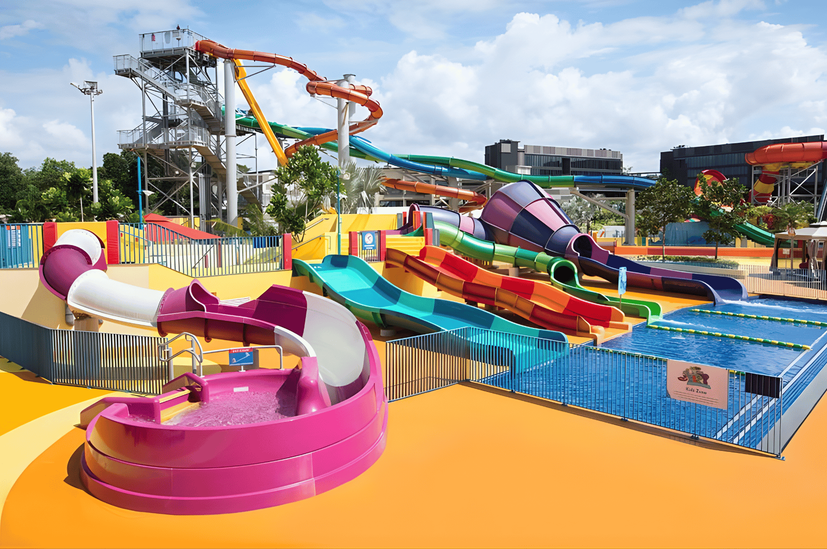 A kaleidoscope of colorful water slides—pink, purple, green, and orange—twist and splash into shallow pools at a lively Singapore water park, where kids and families dive into fun beyond the blockbuster thrills of Universal Studios.