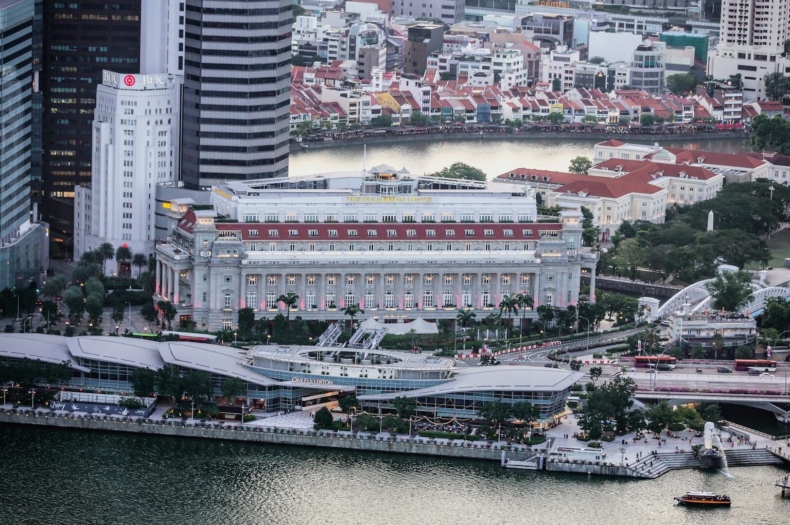 Bird's-eye view of Singapore, featuring hotels and transportation around Sentosa Island.