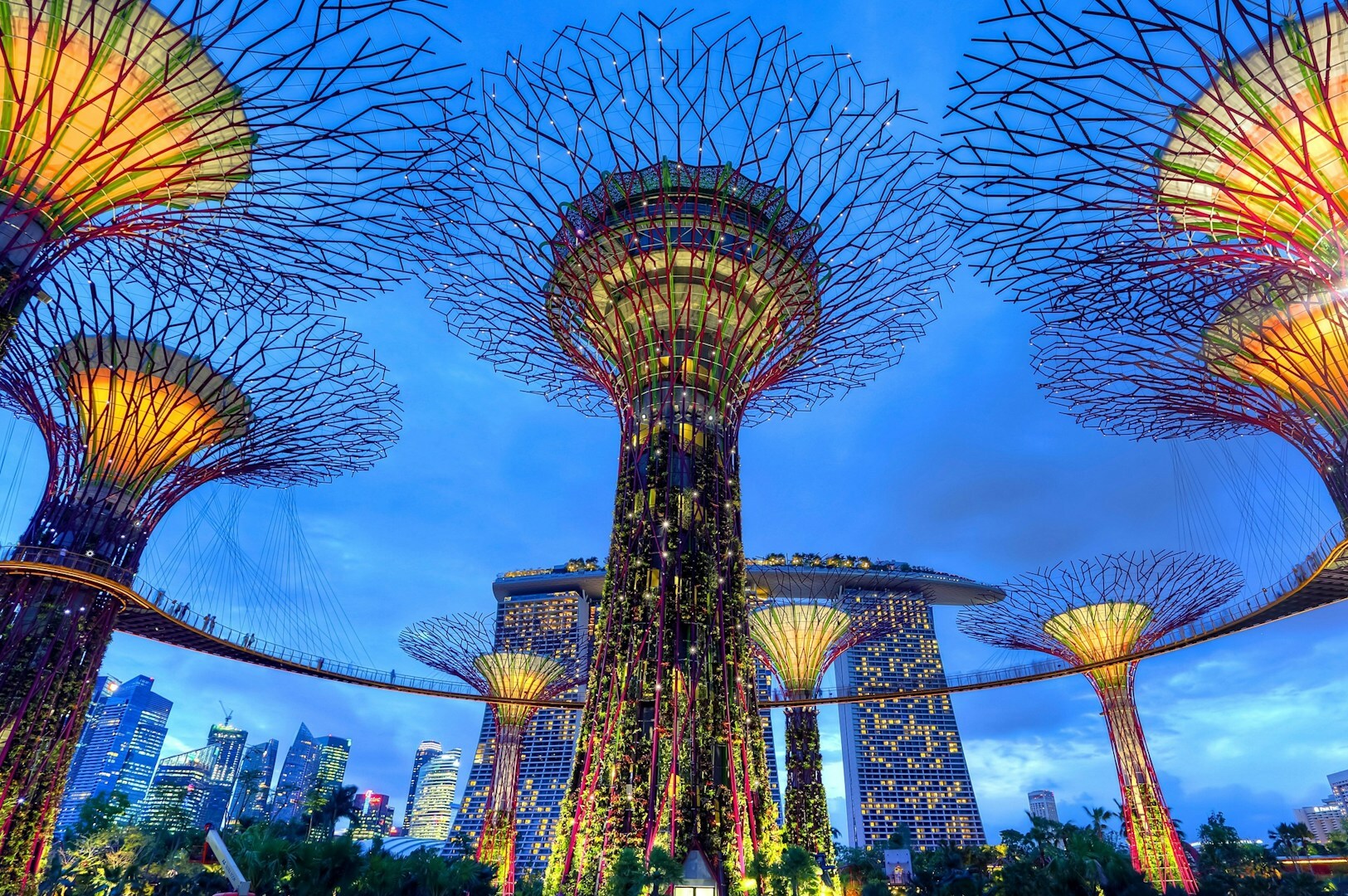 Vibrant gardens and iconic Supertree structures at Singapore's Gardens by the Bay, highlighting nature and innovation.