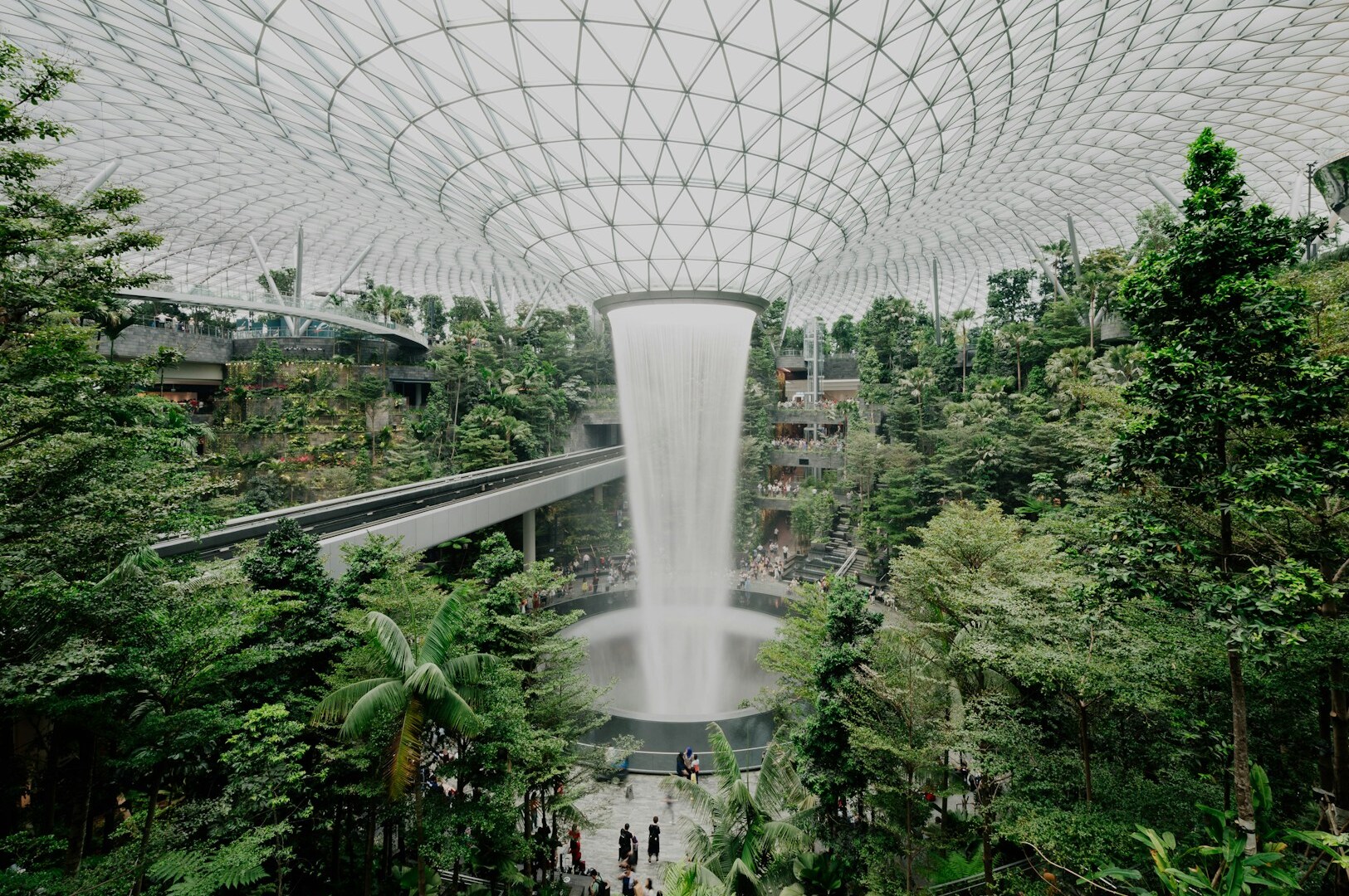 A stunning view of the largest indoor waterfall, set in an eco-luxury space that blends nature and modern design.