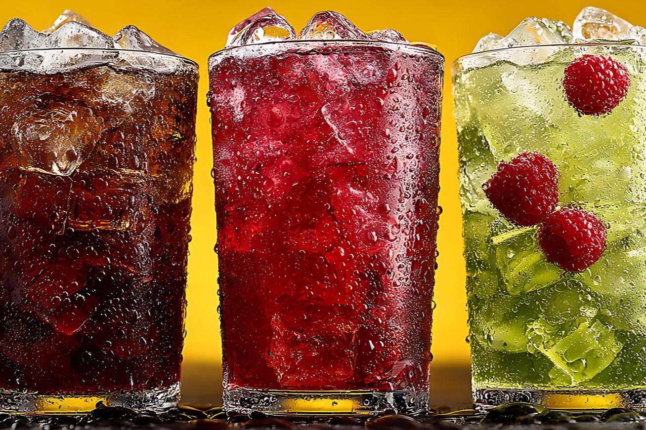 This is a close-up, vibrant image featuring three tall glasses filled with different colored, iced, and carbonated beverages, set against a bright yellow background.