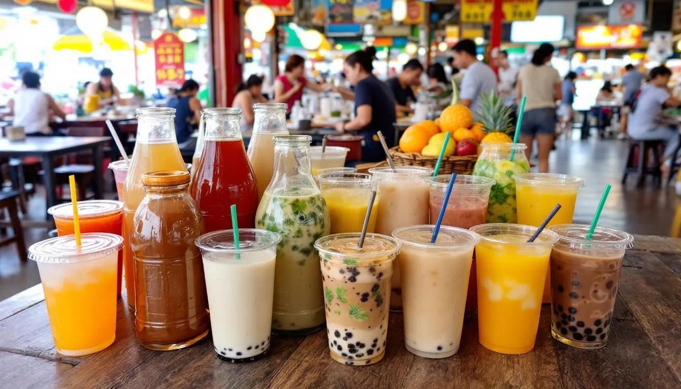 The image showcases a vibrant selection of traditional beverages in Singapore, including colorful drinks such as teh tarik and barley water, displayed at a lively hawker center. Customers line up to enjoy these refreshing drinks, highlighting the rich flavors and cultural heritage of South East Asia.