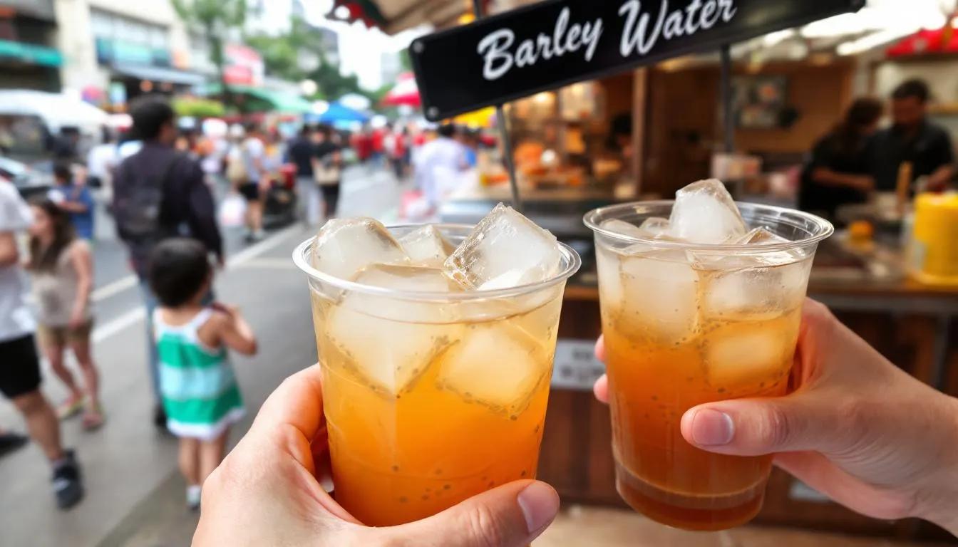 A refreshing serving of traditional barley water is presented in glasses filled with ice at a bustling hawker stall in Singapore. This cold beverage, enjoyed by locals, offers a delightful taste that quenches thirst and showcases the rich heritage of drinks in South East Asia.