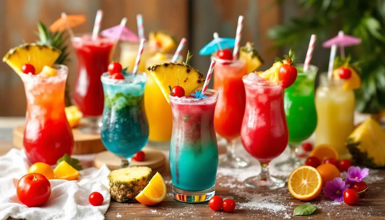 The image features a vibrant display of festive holiday-themed drinks, including colorful cocktails and refreshing beverages, all garnished with tropical fruits and decorative elements. This selection showcases a variety of flavors, perfect for quenching thirst during celebrations in Singapore.