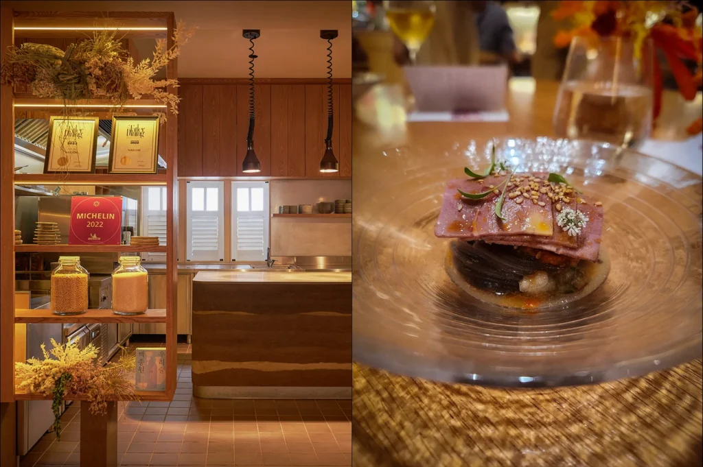 Side-by-side photo featuring a plated fine dining dish and the warm minimalist dining room interior at Hideaway by NAE:UM Singapore with wooden accents and ambient lighting