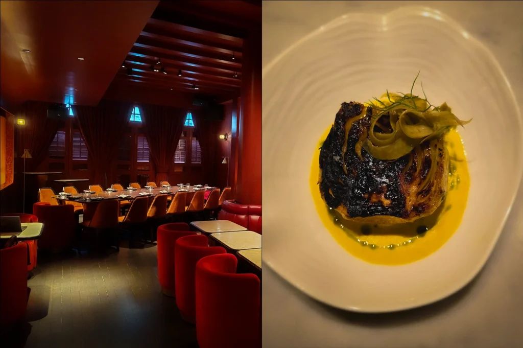 Side-by-side photo featuring the stylish private dining experience room at Revolver Singapore alongside a plated fire-grilled gourmet dish with charred cabbage and vibrant sauce presentation
