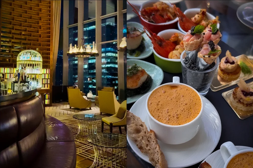 Side-by-side photo featuring gourmet seafood appetizers and bisque alongside the elegant interior of The Lobby Lounge Singapore with floor-to-ceiling windows, ambient lighting, and luxurious seating area