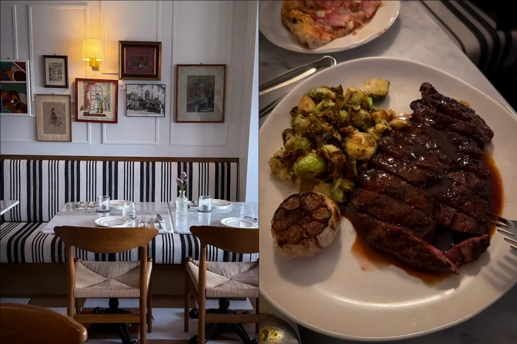 Side-by-side photo featuring the elegant interior dining space of Domo Singapore with striped booth seating and framed artwork beside a grilled steak dish with roasted vegetables and garlic at Casa Cicheti Singapore