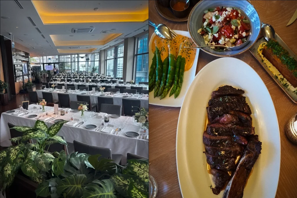 Side-by-side photo of Artemis Grill & Sky Bar Singapore featuring an elegant modern dining room with floor-to-ceiling windows beside a table spread with grilled steak, asparagus, salad, and contemporary Mediterranean dishes