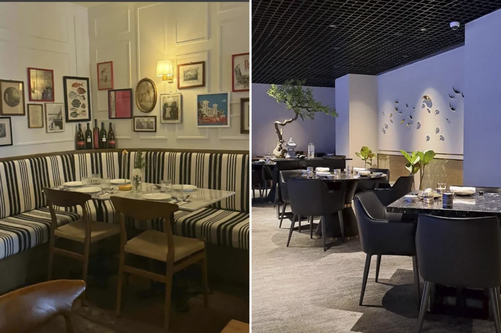 A split-screen composition showcasing two distinct dining aesthetics. The left side features a cozy, eclectic corner with a black-and-white striped banquette, light wood chairs, and a white paneled wall densely decorated with a gallery of small, framed vintage photographs and sketches. The right side depicts a sleek, modern minimalist room with dark circular tables, charcoal grey upholstered chairs, and a white wall accented by a stylized metal fish installation. A large, sculpted bonsai-style tree stands in the background under a black egg-crate ceiling.