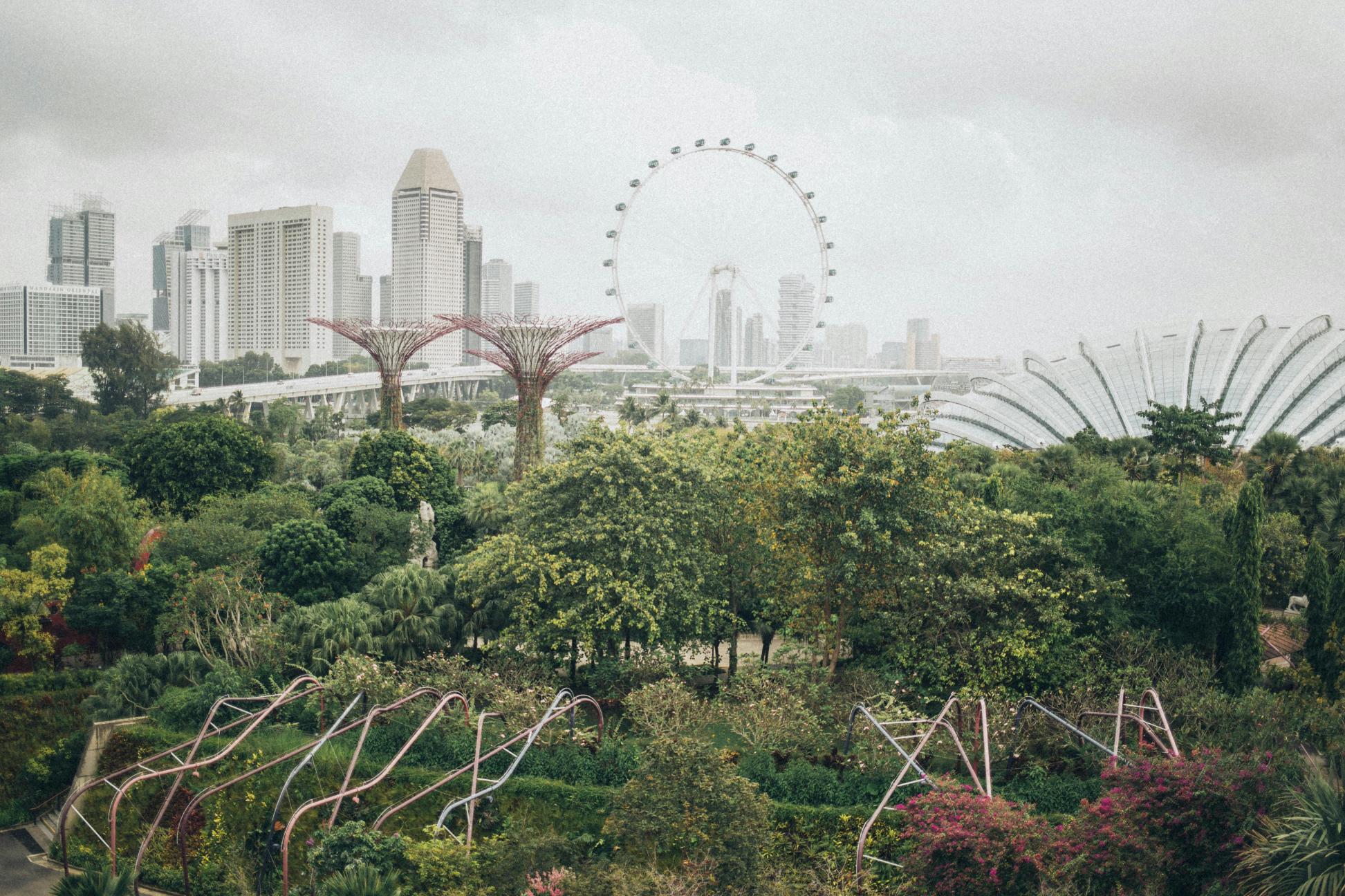 A lush, green landscape featuring futuristic tree-like structures fills the foreground, set against a hazy skyline dominated by a massive observation wheel. Overcast skies soften the view of the modern city architecture, which includes towering skyscrapers and distinctive glass domes blending with the natural surroundings.