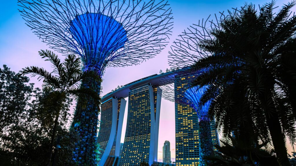 Illuminated Supertree Grove at Gardens by the Bay with Marina Bay Sands hotel in the background at twilight.