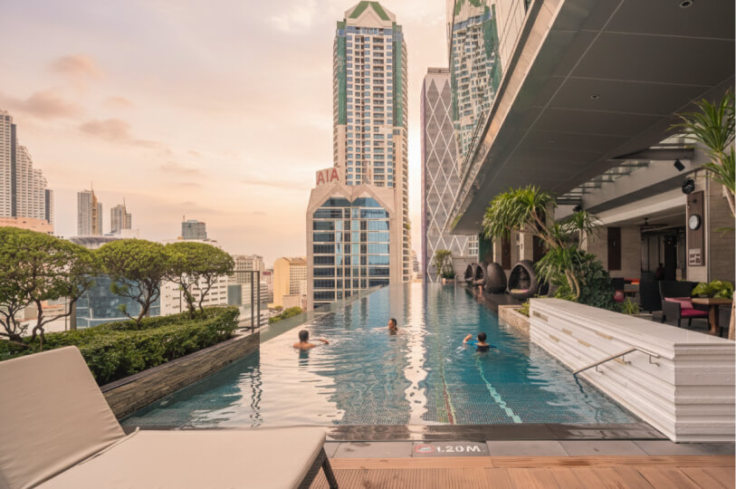 Gemini said An outdoor infinity pool on a high-rise rooftop in Bangkok during sunset, featuring people swimming and a view of city skyscrapers including the AIA building.