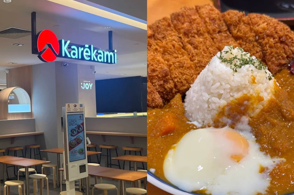 A split view of Karēkami. The left shows the minimalist, modern interior with light wood tables, high stools, and a glowing teal "Karēkami" sign. The right side is a macro shot of a mountain of white rice topped with furikake, surrounded by a thick, textured curry sauce and a soft-poached onsen egg with a golden yolk.
