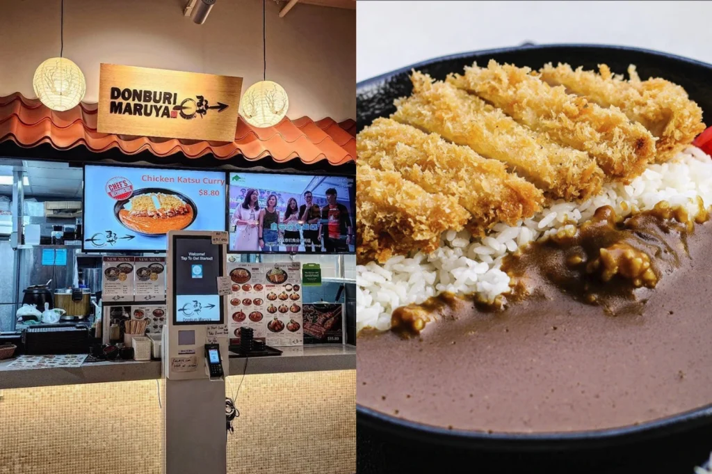 A split image featuring Donburi Maruya. The left side shows a cozy food stall under a decorative tiled roof with a digital menu board. The right side is a high-realism close-up of golden-brown chicken katsu strips arranged neatly over white rice, with a smooth, dark brown curry sauce filling the lower half of the bowl.