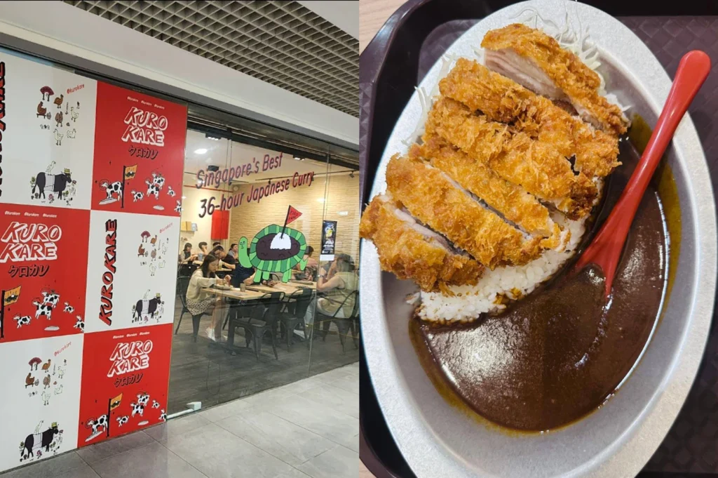 A split view of Kuro Kare. The left side captures the vibrant red and white storefront branding and glass windows looking into a busy dining area. The right side shows a signature dish served on a silver oval platter, featuring a large, sliced breaded cutlet over rice, paired with their characteristic 36-hour dark curry sauce and a bright red spoon.
