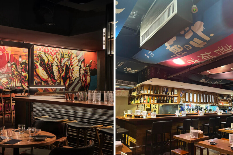  Gemini said A split image showing two different modern Izakaya interiors: the left side features vibrant, stylized bird murals behind a dark wood bar, while the right side displays a traditional wooden counter lined with sake bottles under a ceiling decorated with blue and red banners.