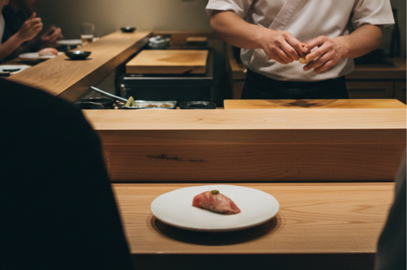 A close-up of a single piece of nigiri sushi served on a white plate atop a light-colored wooden sushi counter, with a chef’s hands visible in the background.