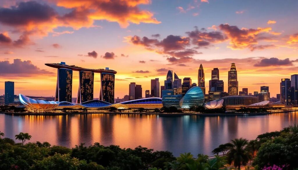 A panoramic view of Singapore's iconic skyline at sunset showcases the stunning Marina Bay Sands and the futuristic Gardens by the Bay, highlighting the modern architecture that defines the Lion City. The vibrant colors of the sunset reflect off the Singapore River, creating a picturesque scene that captures the essence of visiting Singapore.