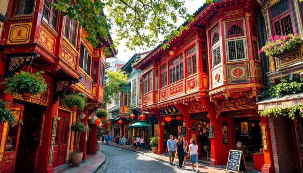The image showcases colorful traditional shophouses with ornate facades in Singapore's historic Chinatown district, reflecting the rich history and local culture of the Lion City. These vibrant buildings are a popular attraction for visitors exploring the diverse heritage sites of Singapore.