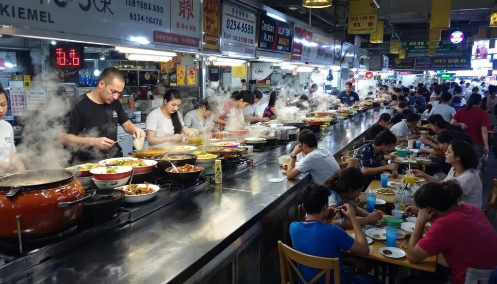 The image shows a bustling hawker center filled with diverse food stalls, where people are enjoying their meals at shared tables, embodying the vibrant local culture of Singapore. This lively scene is a must-visit for food lovers exploring the Lion City, offering a taste of the best street food in the heart of modern Southeast Asia.