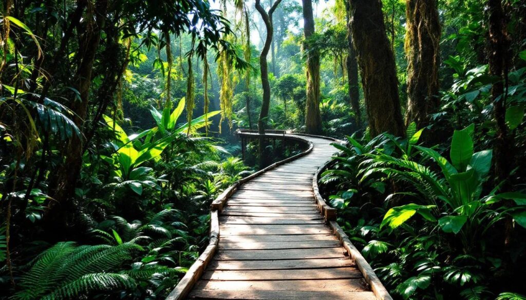 A lush tropical forest trail features a winding wooden boardwalk surrounded by dense green vegetation, inviting visitors to explore the natural beauty of Singapore's unique landscapes. This serene pathway offers a glimpse into the rich biodiversity of the region, perfect for nature lovers seeking a peaceful retreat in the heart of Southeast Asia.
