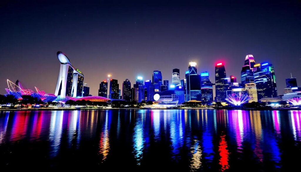The illuminated Singapore skyline at night features vibrant colors reflecting in the harbor water, showcasing the modern architecture of Marina Bay Sands and the surrounding skyscrapers. This picturesque scene captures the essence of Singapore as a bustling city filled with life and beauty, perfect for visitors exploring its attractions.