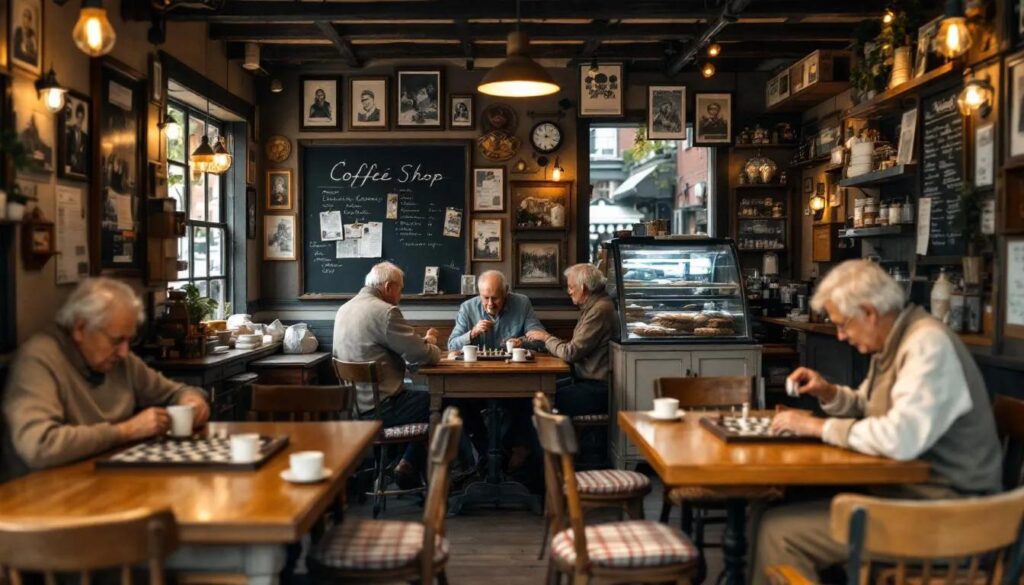 The image depicts a traditional coffee shop in a residential neighborhood, where elderly locals are engaged in a friendly game of chess while sipping coffee. This scene reflects the rich local culture of Singapore, offering a glimpse into everyday life in the Lion City.