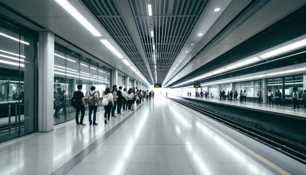 The image showcases a modern MRT train station characterized by its sleek design, featuring a clean platform where passengers are waiting. This scene reflects the contemporary architecture of Singapore's public transport system, a vital part of exploring attractions like Marina Bay Sands and Gardens by the Bay.