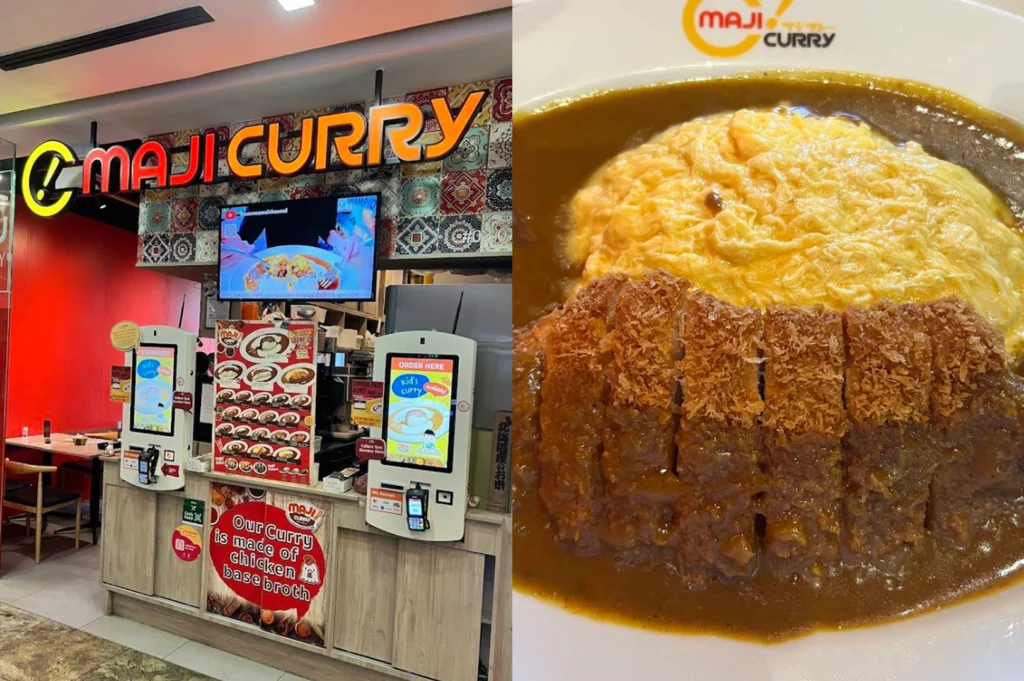 A split image featuring a Maji Curry outlet. The left side shows the restaurant's colorful patterned wall and self-service ordering kiosks. The right side is a top-down close-up of a curry plate featuring a golden-brown tonkatsu cutlet partially covered in a rich, dark curry sauce and topped with a fluffy, swirled omelet (omurice).