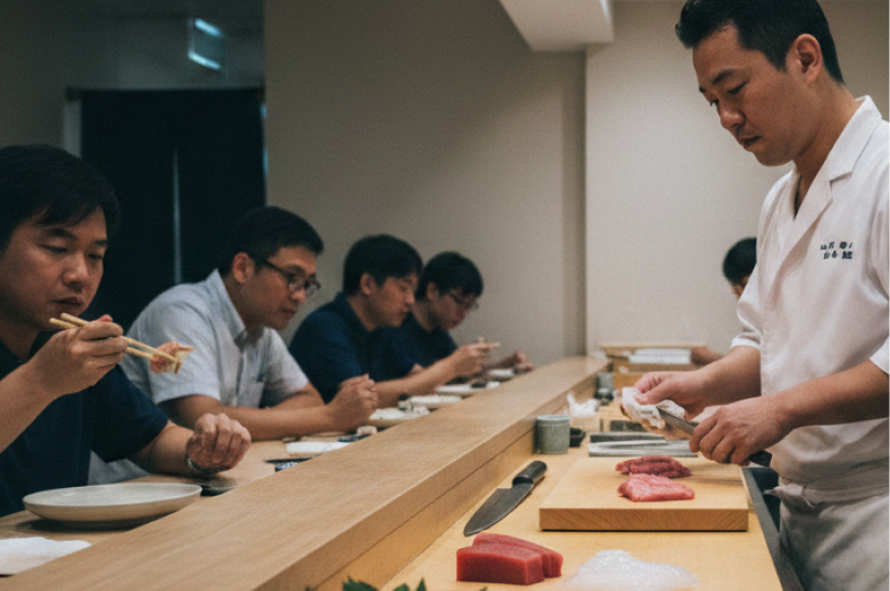 A sushi chef in a white uniform meticulously preparing fish behind a wooden counter for a line of seated male diners.