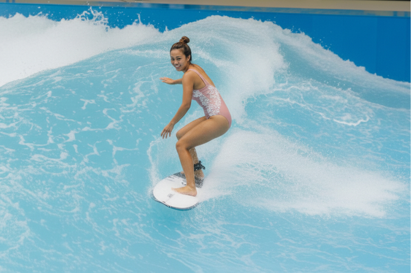 A smiling woman surfing on an indoor artificial wave at a surf simulator.
