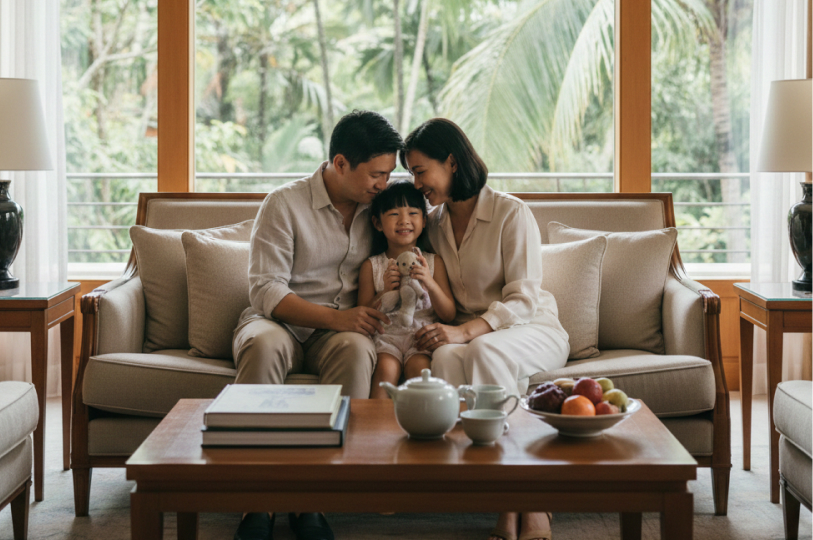 A happy family of three sitting together on a beige sofa in a sunlit hotel suite with a tropical garden view visible through a large window.