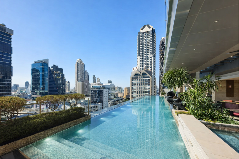 An outdoor infinity pool on a high-rise rooftop in Bangkok under a clear blue sky, overlooking a skyline that includes the AIA building and several other modern skyscrapers.