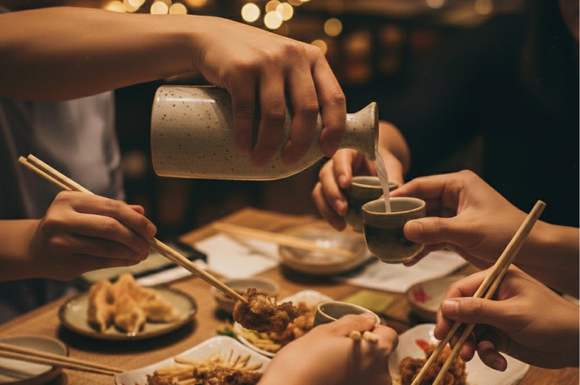 A close-up of a group sharing a meal at an izakaya, with one person pouring sake from a ceramic carafe into a small cup while others hold chopsticks over plates of fried food.