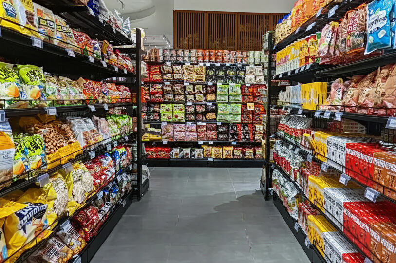 An eye-level view down a grocery store aisle lined with black shelving units packed with colorful bags of Korean snacks and chips.