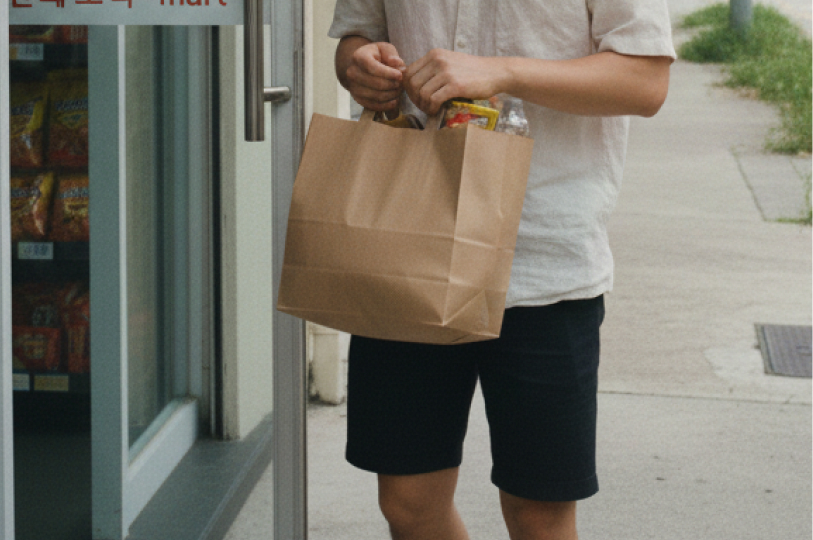 A person in a white short-sleeved shirt and dark shorts exits a store, carrying a large brown paper grocery bag filled with items. The glass door of the "mart" is visible in the background.