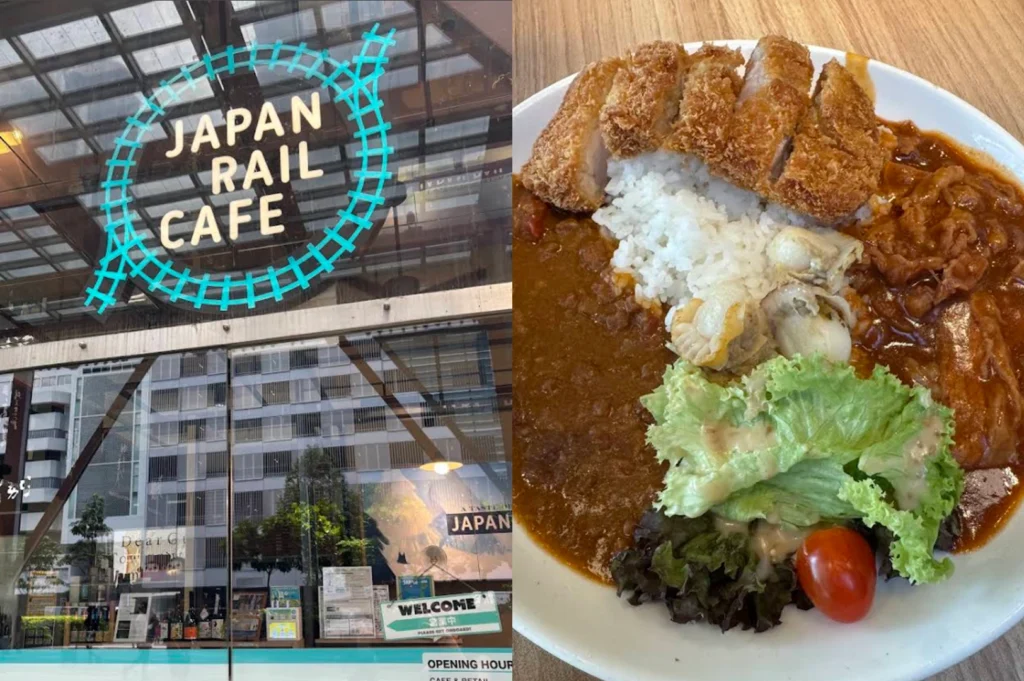 A split image of Japan Rail Cafe. The left side shows the glass storefront featuring a large neon teal logo of a train track circling the restaurant’s name. The right side is a close-up of a diverse curry platter containing tonkatsu, scallops, and thinly sliced beef (gyudon style) over rice and curry, garnished with a fresh green salad and a cherry tomato.