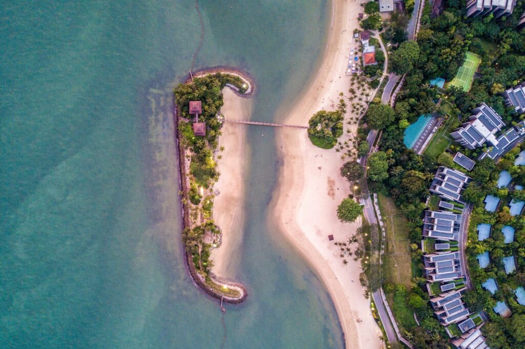 Overhead image of a beach and resort area, highlighting the beautiful landscape and accessible pathways for visitors.