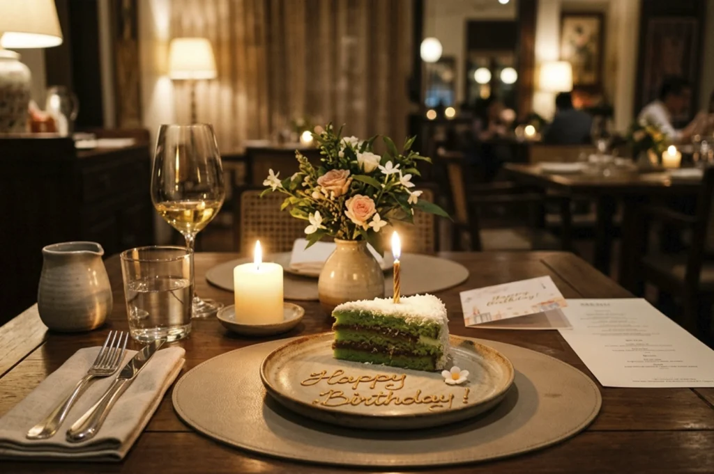 A close-up, warm-toned shot of a wooden dining table set for a birthday. In the center is a slice of Ondeh Ondeh cake (green pandan layers with coconut flakes) on a ceramic plate with "Happy Birthday!" written in chocolate. A single lit gold candle sits in the cake. The table is decorated with a small vase of white and pink flowers, a lit pillar candle, a glass of white wine, and a birthday card. The background shows a dimly lit, sophisticated restaurant interior with soft lamp lighting.