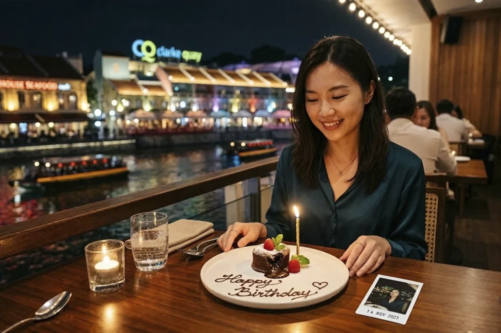 A woman in a teal silk blouse sits at an outdoor restaurant table at night, smiling at a molten chocolate lava cake topped with a raspberry. A lit candle and "Happy Birthday" chocolate writing decorate the plate. In the bottom right corner, a small Polaroid photo of her rests on the table. The background features the vibrant, colorful lights of Clarke Quay, with a "CQ clarke quay" sign visible across the Singapore River and a river cruise boat passing by.