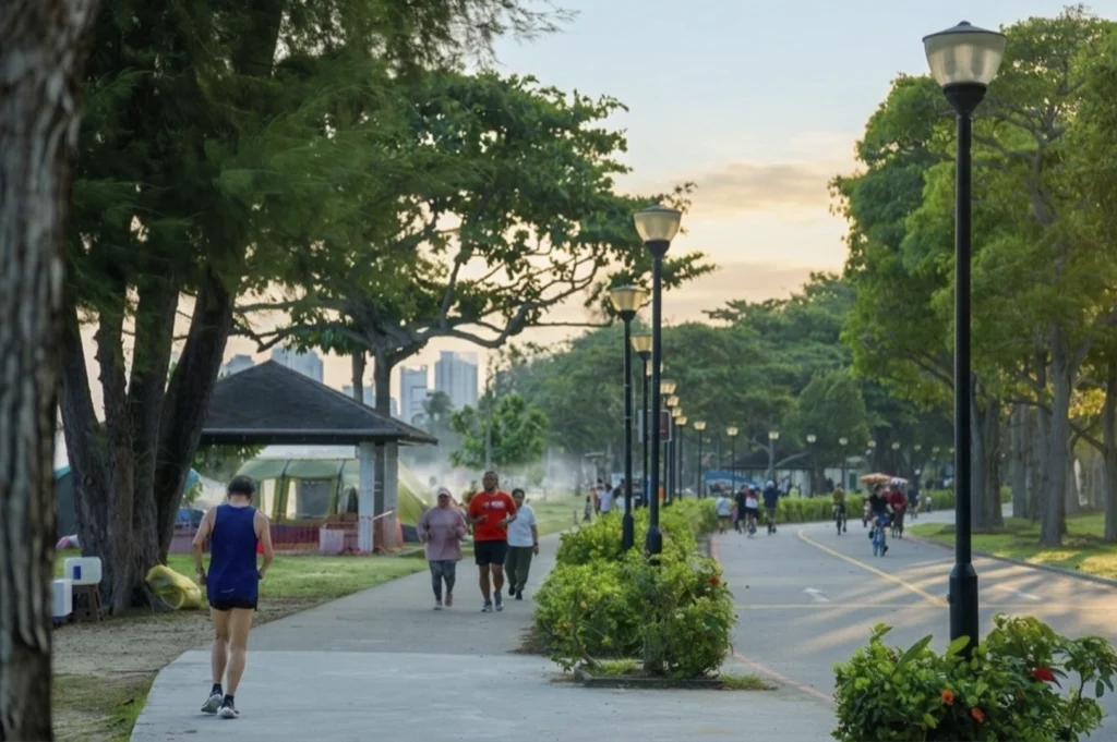 A vibrant outdoor scene at a public park in Singapore, showing a paved pathway lined with tall lampposts where people are jogging and cycling; in the background, green trees, a gazebo, and camping tents are visible near the water, with city skyscrapers silhouetted in the distance.